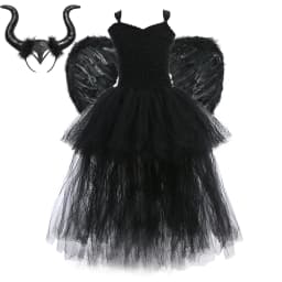 Girls' Long Devil Witch Dress, High‑Low Hem Black Angel Carnival Costume with Kids Halloween Feather Wings Accessory