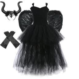 Girls' Long Devil Witch Dress, High‑Low Hem Black Angel Carnival Costume with Kids Halloween Feather Wings Accessory