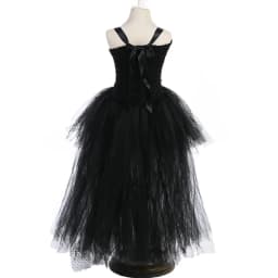 Girls' Long Devil Witch Dress, High‑Low Hem Black Angel Carnival Costume with Kids Halloween Feather Wings Accessory