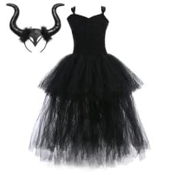 Girls' Long Devil Witch Dress, High‑Low Hem Black Angel Carnival Costume with Kids Halloween Feather Wings Accessory