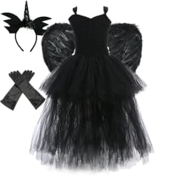 Girls' Long Devil Witch Dress, High‑Low Hem Black Angel Carnival Costume with Kids Halloween Feather Wings Accessory