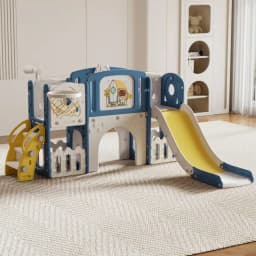 Indoor Playground Toddler Slide and Climber Set, Multi-Activity Kids Play Center with Basketball Hoop, Drawing Board & Toy Telescope, Non-Toxic HDPE Freestanding Nursery Slide Gym, Safe Family Amusement Park Playset