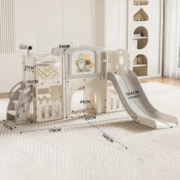 Indoor Playground Toddler Slide and Climber Set, Multi-Activity Kids Play Center with Basketball Hoop, Drawing Board & Toy Telescope, Non-Toxic HDPE Freestanding Nursery Slide Gym, Safe Family Amusement Park Playset