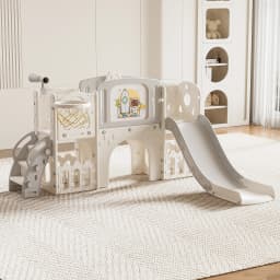 Indoor Playground Toddler Slide and Climber Set, Multi-Activity Kids Play Center with Basketball Hoop, Drawing Board & Toy Telescope, Non-Toxic HDPE Freestanding Nursery Slide Gym, Safe Family Amusement Park Playset