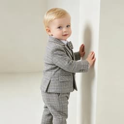Kids Gentleman Plaid Suit 4Pcs Boys Double Breasted Jacket Pants Suspender Bow Tie Formal Wedding Birthday Party Stage Costume