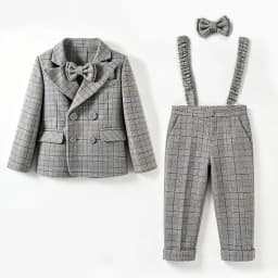 Kids Gentleman Plaid Suit 4Pcs Boys Double Breasted Jacket Pants Suspender Bow Tie Formal Wedding Birthday Party Stage Costume