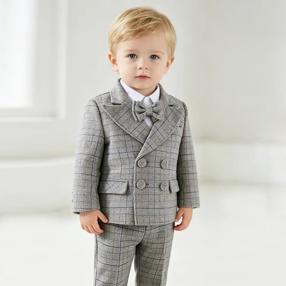 Kids Gentleman Plaid Suit 4Pcs Boys Double Breasted Jacket Pants Suspender Bow Tie Formal Wedding Birthday Party Stage Costume