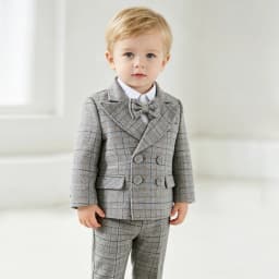 Kids Gentleman Plaid Suit 4Pcs Boys Double Breasted Jacket Pants Suspender Bow Tie Formal Wedding Birthday Party Stage Costume