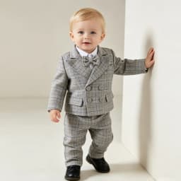 Kids Gentleman Plaid Suit 4Pcs Boys Double Breasted Jacket Pants Suspender Bow Tie Formal Wedding Birthday Party Stage Costume