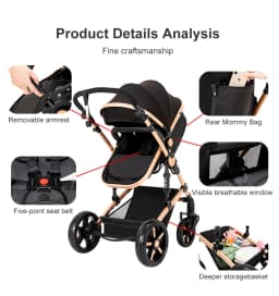 3-in-1 Baby Stroller Combo Travel System Lightweight Aluminum Frame Quick Folding All-Terrain Wheels with Suspension Reclining Backrest Comfortable Seat for Newborns with 6 Free Gifts