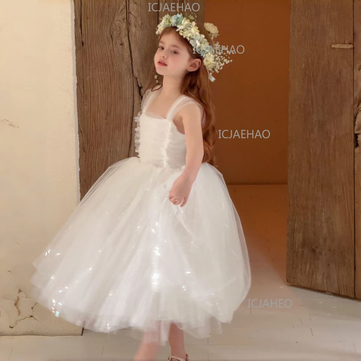 White Puffy Princess Dress For Girls, Kids Birthday Banquet Performance Gown, Flower Girl Dress, 2026 New Style Children Costume