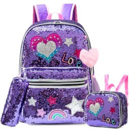 16 Inch Sequin Backpack for Girls School Bag with Lunch Box for Elementary Students Lightweight and Stylish