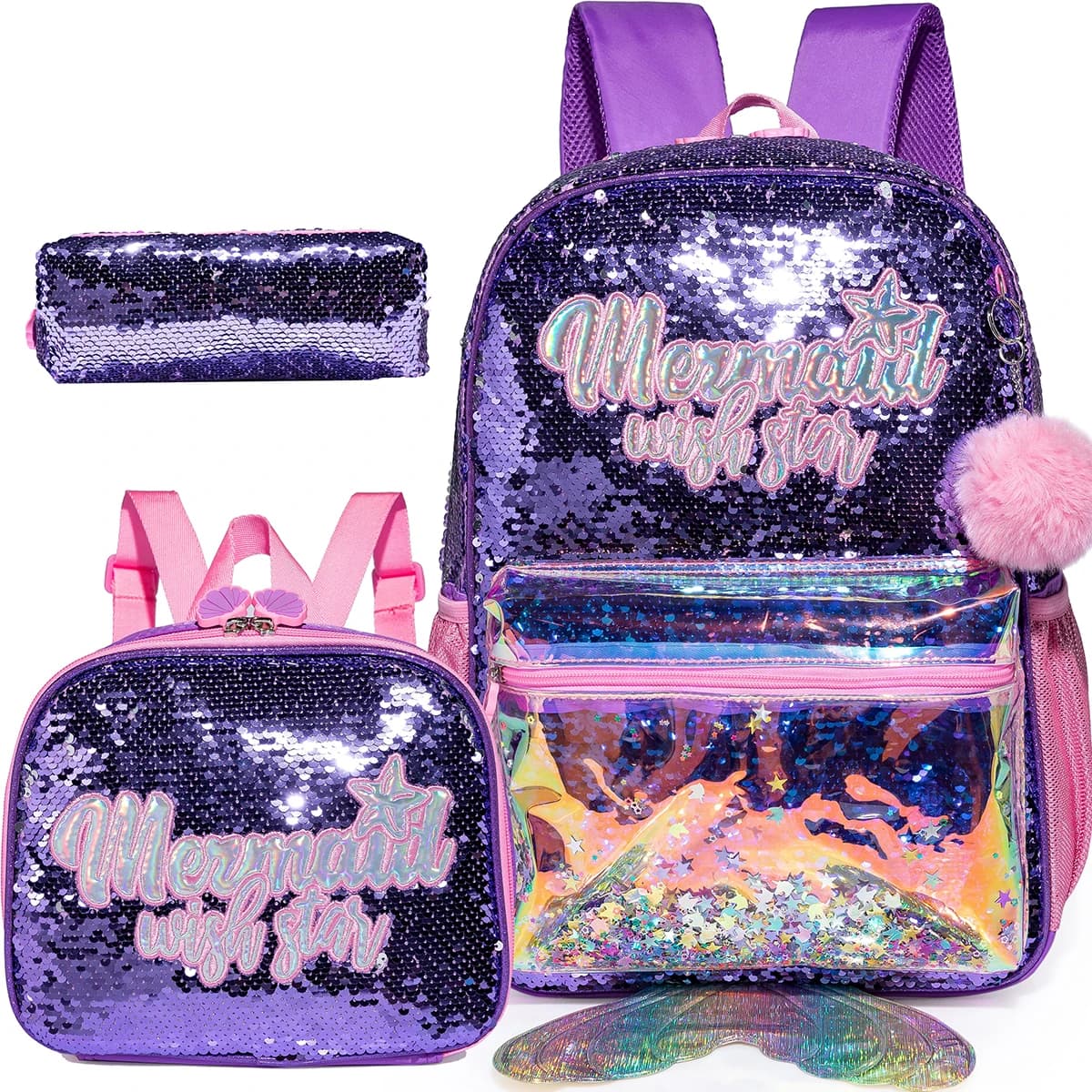 16 Inch Sequin Backpack for Girls School Bag with Lunch Box for Elementary Students Lightweight and Stylish