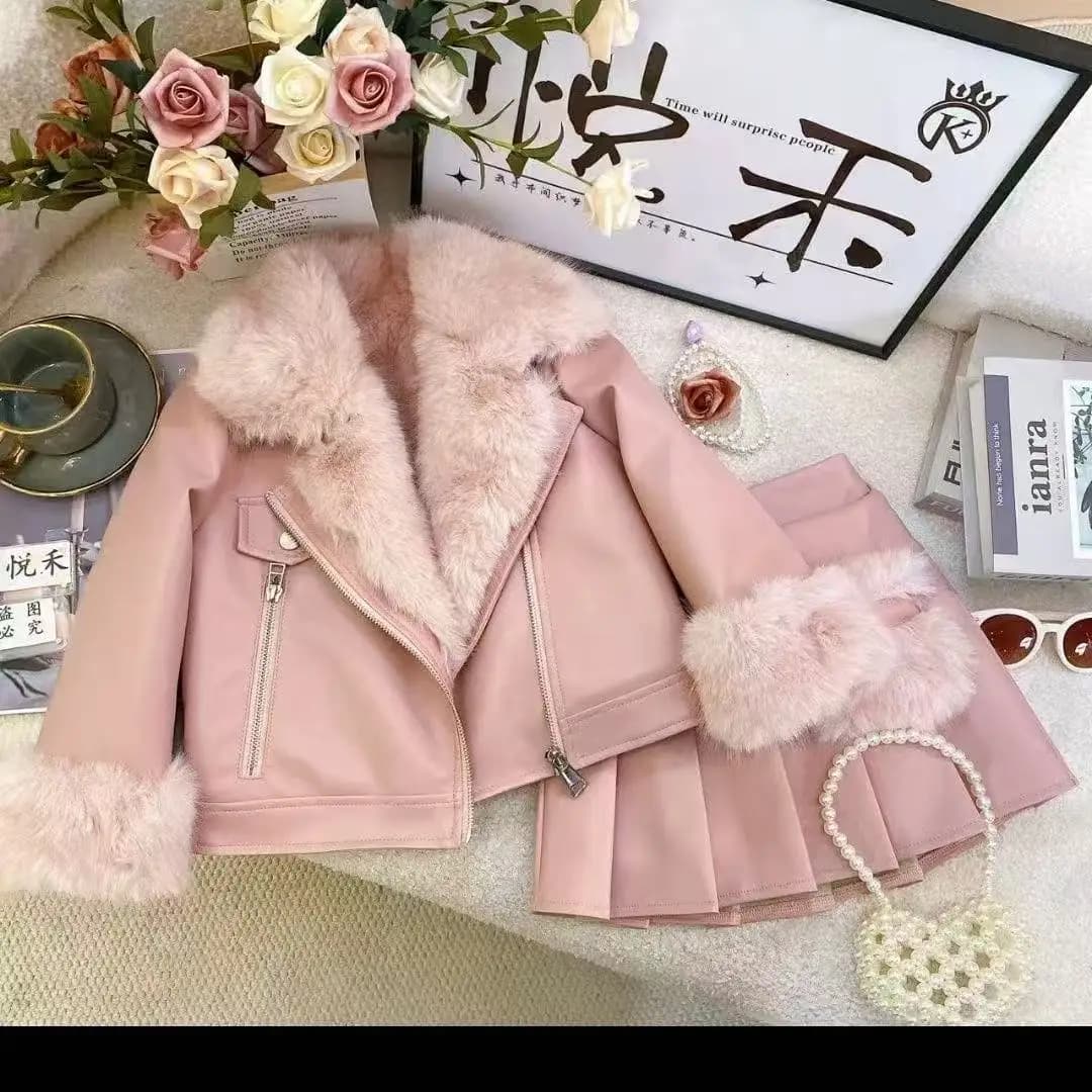 Girls Warm Lapel Solid Leather Jacket And Pleated Skirt Two-Piece Winter Children's Clothing Set Toddler Kids Outfits