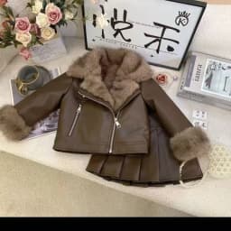 Girls Warm Lapel Solid Leather Jacket And Pleated Skirt Two-Piece Winter Children's Clothing Set Toddler Kids Outfits