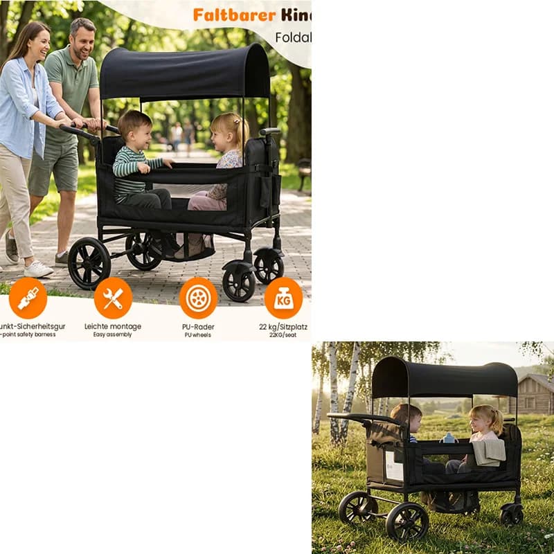 Stroller for 2 Children, Foldable Stroller with 2 High Seats with 8-Point Harnesses and Adjustable Canopy, with Sunshade, 5-Point Harness, 600D Oxford Cloth and Breathable Elastic Band, Perfect for Garden, Camping, Grocery Cart. Black.
