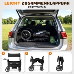 Stroller for 2 Children, Foldable Stroller with 2 High Seats with 8-Point Harnesses and Adjustable Canopy, with Sunshade, 5-Point Harness, 600D Oxford Cloth and Breathable Elastic Band, Perfect for Garden, Camping, Grocery Cart. Black.