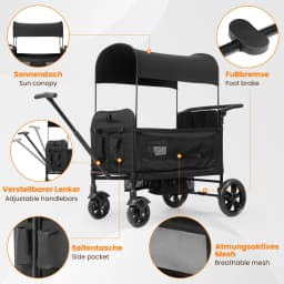Stroller for 2 Children, Foldable Stroller with 2 High Seats with 8-Point Harnesses and Adjustable Canopy, with Sunshade, 5-Point Harness, 600D Oxford Cloth and Breathable Elastic Band, Perfect for Garden, Camping, Grocery Cart. Black.