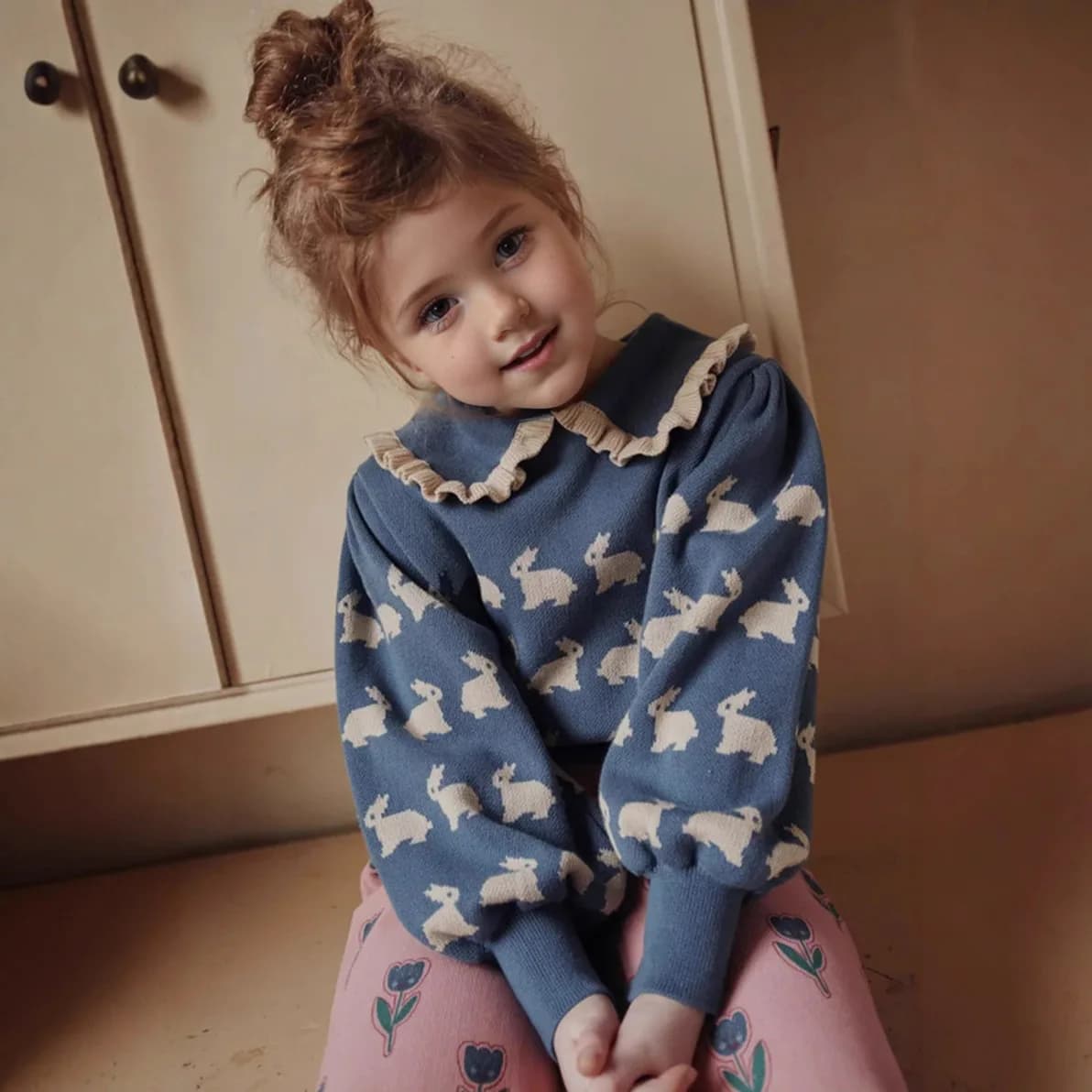 2026 Fall/Winter New Girls' Sweater Cute Rabbit Versatile Printed Knitted Sweater Children's Western-style Long-Sleeved Top