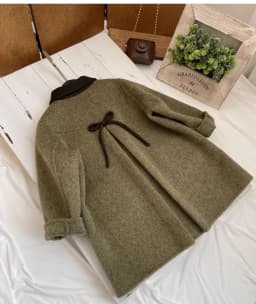 90-160cm Girls' Woolen Coat Autumn/Winter New Children's Retro Green Collar Double sided Woven Bow Overcoat
