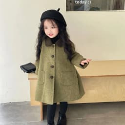 90-160cm Girls' Woolen Coat Autumn/Winter New Children's Retro Green Collar Double sided Woven Bow Overcoat