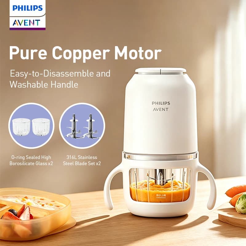 Philips Avent Baby Food Maker 150W 2 Glass Cups 2 Blades 25000RPM 316L 8-Blade Cutter Mini Food Processor