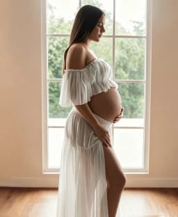 Cooling White Chiffon Maternity Dress - Breathable Lightweight Two Piece Off Shoulder Summer Gown for Maternity Photoshoot