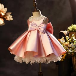 2026 Glitter Pearls Sleeveless Satin Princess Gown Cute Graceful Pink Bow Girls Dresses For School Performance Catwalk Show