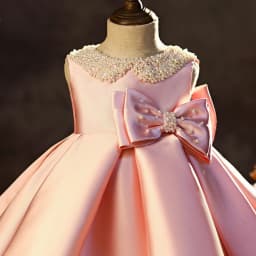 2026 Glitter Pearls Sleeveless Satin Princess Gown Cute Graceful Pink Bow Girls Dresses For School Performance Catwalk Show