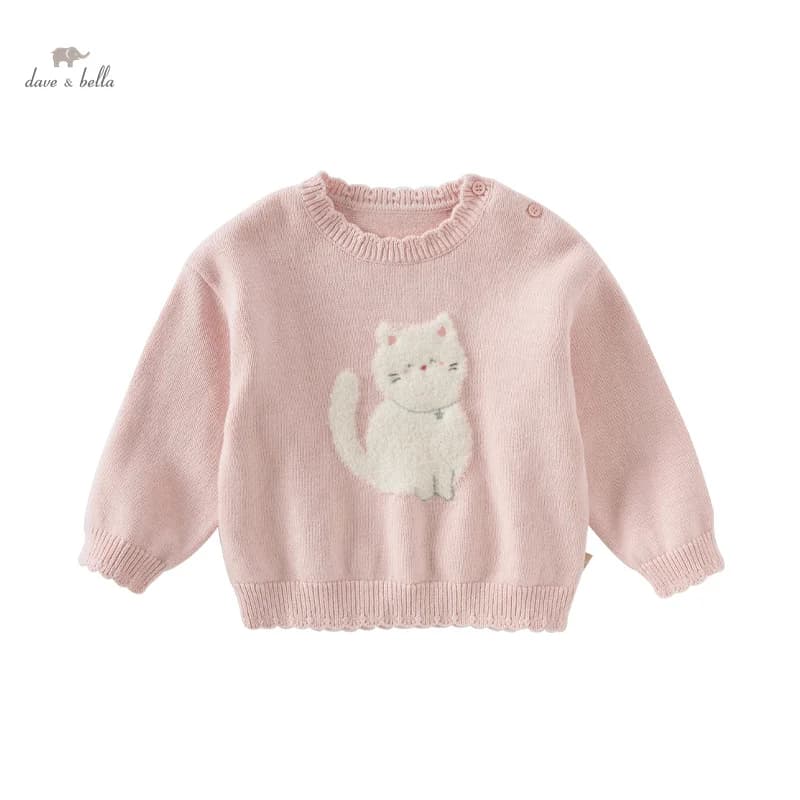 Dave Bella 2024 New Autumn Winter Girls Baby Cute Knitted Sweater Pullover Cartoon Cat Pink Children's Knitwear Top DB4242663