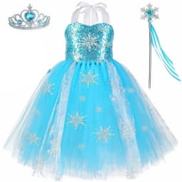 Sequins Princess Costume for Girls Sky Blue Tulle Tutu Dress Mid-Calf Snowflake Kids Halloween Birthday Carnival Party Dress Up