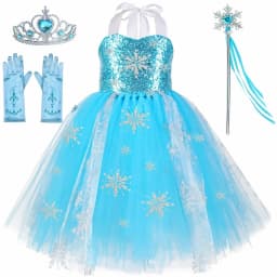 Sequins Princess Costume for Girls Sky Blue Tulle Tutu Dress Mid-Calf Snowflake Kids Halloween Birthday Carnival Party Dress Up