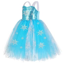 Sequins Princess Costume for Girls Sky Blue Tulle Tutu Dress Mid-Calf Snowflake Kids Halloween Birthday Carnival Party Dress Up