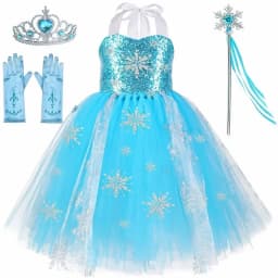 Sequins Princess Costume for Girls Sky Blue Tulle Tutu Dress Mid-Calf Snowflake Kids Halloween Birthday Carnival Party Dress Up