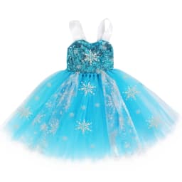 Sequins Princess Costume for Girls Sky Blue Tulle Tutu Dress Mid-Calf Snowflake Kids Halloween Birthday Carnival Party Dress Up