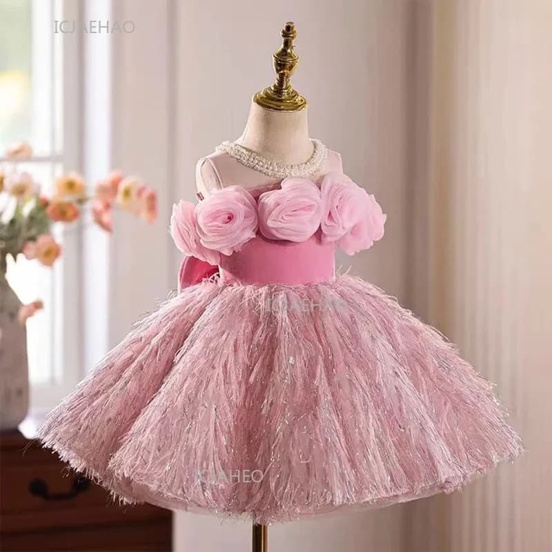 Pink Kids Girls Princess Dress Party Flower Wedding Children Birthday Puffy Gown Stage Host Model Show Pageant Formal Dresses