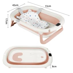 Foldable baby bath with bath mat, shower head connection & integrated thermometer - portable for babies from 0-36 months