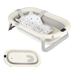Foldable baby bath with bath mat, shower head connection & integrated thermometer - portable for babies from 0-36 months