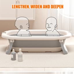 Foldable baby bath with bath mat, shower head connection & integrated thermometer - portable for babies from 0-36 months