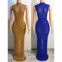 Hot Selling Long Gowns For Women Evening Dresses Gold Plus Size Elegant Rhinestone Diamond Luxury Studded Dress
