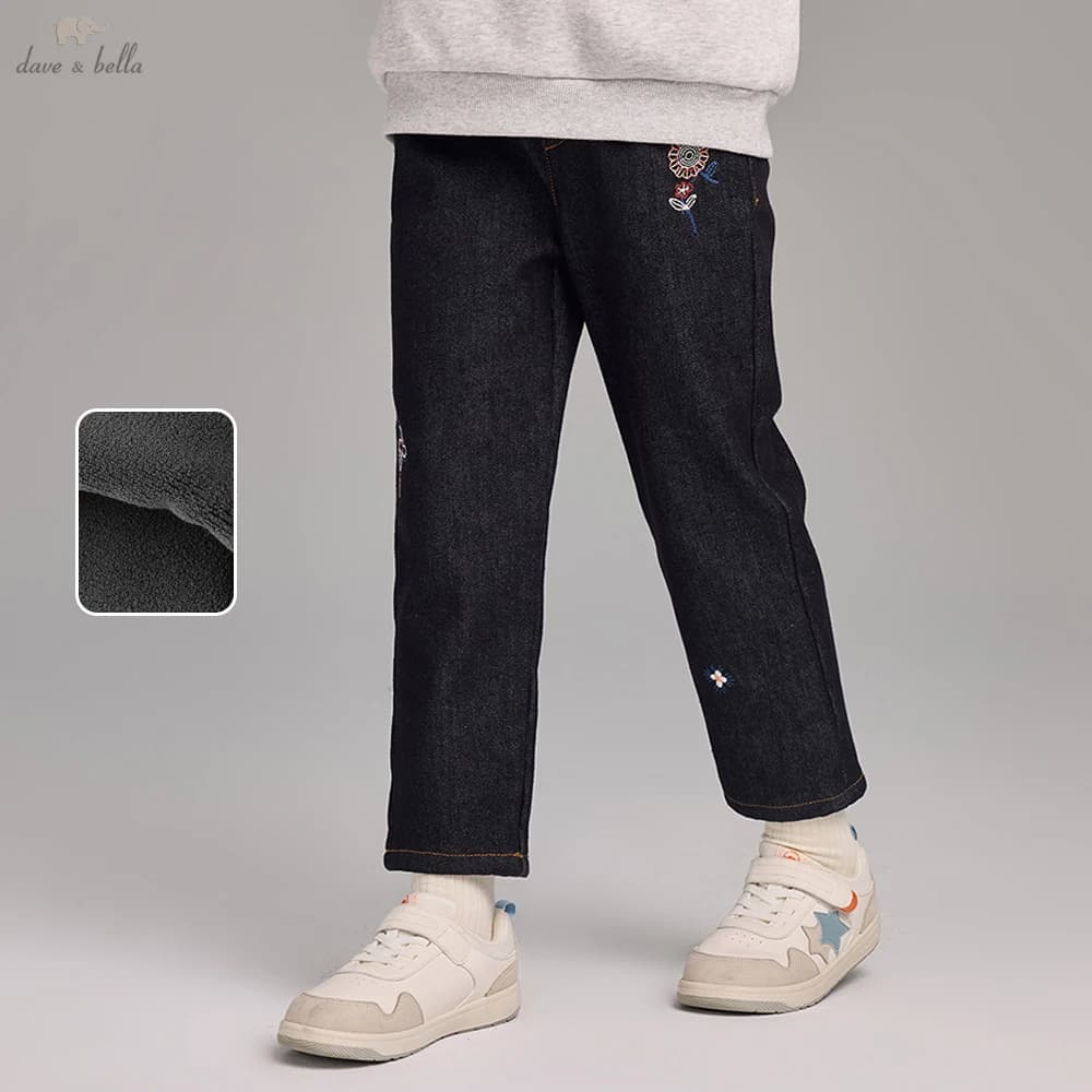 Dave Bella Children Embroidery Jeans Pants Winter Autumn Velvet Thicken Girls Straight Pants Casual Warm Trousers DK4253639