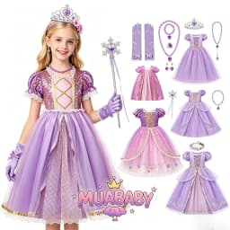 Muababy Rapunzel Princess Cosplay Dress Set Tangled Halloween Birthday Christmas Party Outfit for Girls Kids 2-10Y Vestido