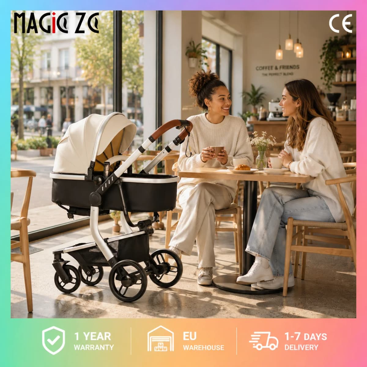 3-in-1 Baby Stroller Travel System with Infant Car Seat, Reversible Convertible Bassinet Pushchair Pram, Compact One-Hand Fold Shock-Absorbing All-Terrain Wheels, PU Leather Waterproof Newborn Pushchair, Oversized Shopping Basket