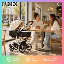 3-in-1 Baby Stroller Travel System with Infant Car Seat, Reversible Convertible Bassinet Pushchair Pram, Compact One-Hand Fold Shock-Absorbing All-Terrain Wheels, PU Leather Waterproof Newborn Pushchair, Oversized Shopping Basket