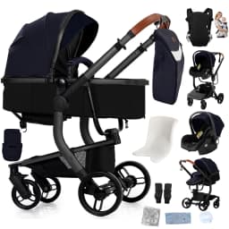 3-in-1 Baby Stroller Travel System with Infant Car Seat, Reversible Convertible Bassinet Pushchair Pram, Compact One-Hand Fold Shock-Absorbing All-Terrain Wheels, PU Leather Waterproof Newborn Pushchair, Oversized Shopping Basket