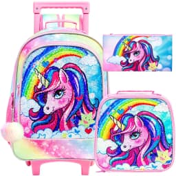 3PCS Rolling Backpack for Girls, Kids Roller Wheels Bookbag, Wheeled School Bag with Lunch Bag - Mermaid