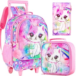 3PCS Rolling Backpack for Girls, Kids Roller Wheels Bookbag, Wheeled School Bag with Lunch Bag - Mermaid