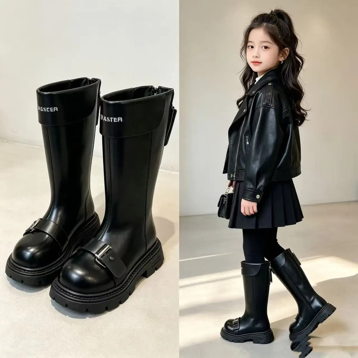 Little Girls Chunky Mid-calf Boots 2026 New Autumn Winter Kid British Style Leather Boots with Buckle Non-slip Kids Riding Boots