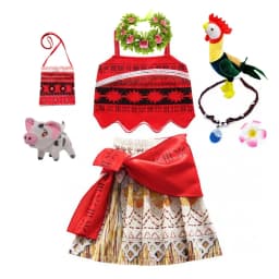 Summer Moana Dress for Kids Girls Princess Vaiana Cosplay Carnival Children Birthday Party Headwear Necklace Pet Pig Chicken Set