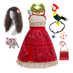Summer Moana Dress for Kids Girls Princess Vaiana Cosplay Carnival Children Birthday Party Headwear Necklace Pet Pig Chicken Set